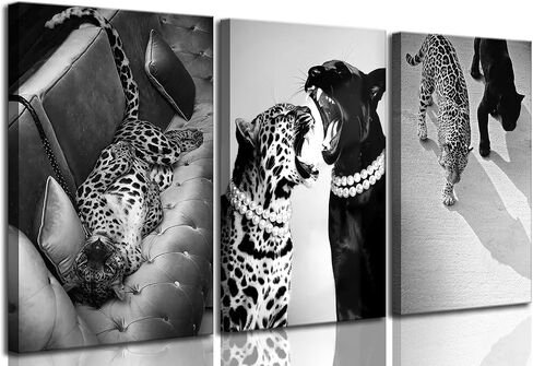 3 Pcs Black and White Cheetah Canvas Wall Art Vintage Trendy Wild Leopard Painting Picture Wall Decor Poster Print Artwork for Bedroom Living Room Apartment Home Decoration (24Lx16W-Canvas) in Saudi Arabia