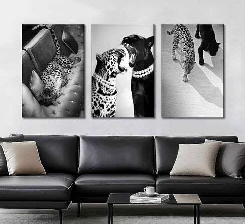 3 Pcs Black and White Cheetah Canvas Wall Art Vintage Trendy Wild Leopard Painting Picture Wall Decor Poster Print Artwork for Bedroom Living Room Apartment Home Decoration (24Lx16W-Canvas) in Saudi Arabia
