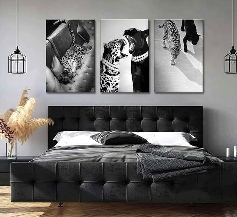 3 Pcs Black and White Cheetah Canvas Wall Art Vintage Trendy Wild Leopard Painting Picture Wall Decor Poster Print Artwork for Bedroom Living Room Apartment Home Decoration (24Lx16W-Canvas) in Saudi Arabia
