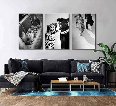 3 Pcs Black and White Cheetah Canvas Wall Art Vintage Trendy Wild Leopard Painting Picture Wall Decor Poster Print Artwork for Bedroom Living Room Apartment Home Decoration (24Lx16W-Canvas) in Saudi Arabia
