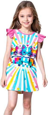 Girls Cute Super Animal Print Dress for 3-8 Years – Flutter Sleeve Casual Princess Outfit in Saudi Arabia