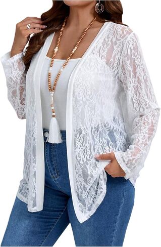 Women's Plus Size Floral Lace Jacket Sheer Mesh Open Front Long Sleeve Lightweight Cardigan Outerwear in Saudi Arabia