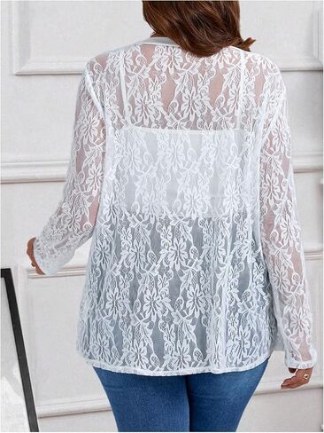 Women's Plus Size Floral Lace Jacket Sheer Mesh Open Front Long Sleeve Lightweight Cardigan Outerwear in Saudi Arabia
