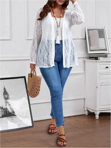 Women's Plus Size Floral Lace Jacket Sheer Mesh Open Front Long Sleeve Lightweight Cardigan Outerwear in Saudi Arabia