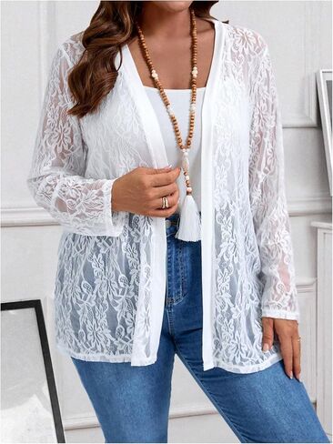 Women's Plus Size Floral Lace Jacket Sheer Mesh Open Front Long Sleeve Lightweight Cardigan Outerwear in Saudi Arabia
