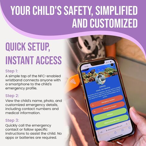 Kids ID Bracelet, Fitted NFC Safety Wristband, Waterproof Slip-On ID Band | Waterproof silicone; not GPS; wrist or ankle wear; ideal for theme parks, travel & beaches; slip-on fit in Kuwait