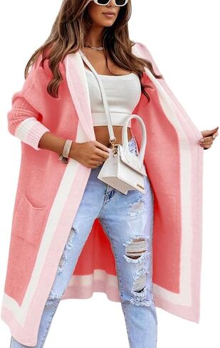 yoeasy Women's Color Block Striped Hooded Knit Long Cardigan Sweaters Oversized Open Front Long Sleeve Outwear Coat in Kuwait