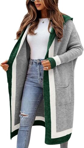 yoeasy Women's Color Block Striped Hooded Knit Long Cardigan Sweaters Oversized Open Front Long Sleeve Outwear Coat in Kuwait