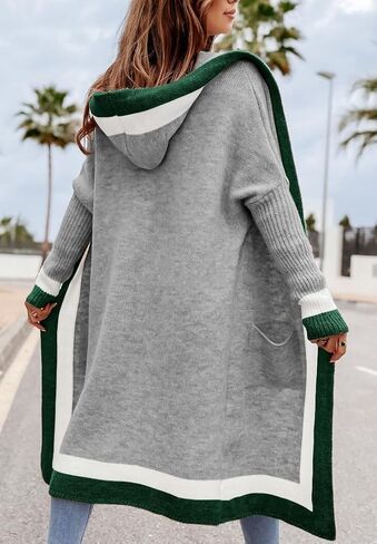 yoeasy Women's Color Block Striped Hooded Knit Long Cardigan Sweaters Oversized Open Front Long Sleeve Outwear Coat in Kuwait