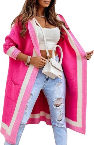yoeasy Women's Color Block Striped Hooded Knit Long Cardigan Sweaters Oversized Open Front Long Sleeve Outwear Coat in Kuwait