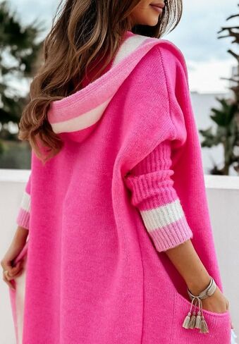 yoeasy Women's Color Block Striped Hooded Knit Long Cardigan Sweaters Oversized Open Front Long Sleeve Outwear Coat in Kuwait
