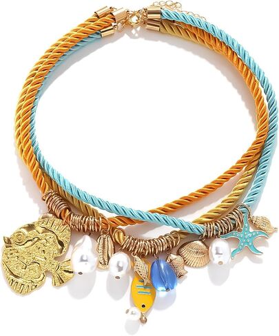 Boho Beach Pendant Necklace Set Summer Colorful Layered Braided Cord Necklace Fashion Charm Multi Layer Rope Marine Animal Pendant Necklace Beach Holiday Party Jewelry in Kuwait