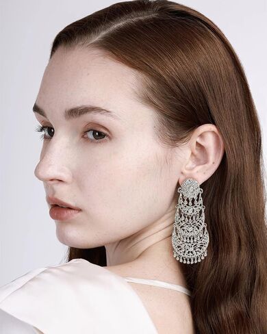 Extra Big Long Tassel Dangling Earring for Women Wedding Statement Crystal Stunning Tiny Flower Beaded Chandelier Gold Plated Earrings Indian Boho Traditional Bride Party Wear Festival Holiday Jewelry Gift in Saudi Arabia