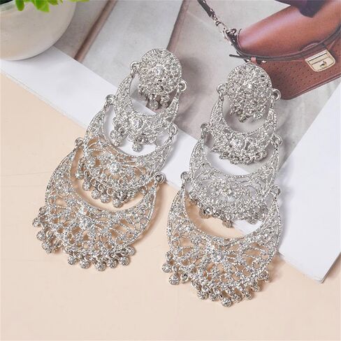 Extra Big Long Tassel Dangling Earring for Women Wedding Statement Crystal Stunning Tiny Flower Beaded Chandelier Gold Plated Earrings Indian Boho Traditional Bride Party Wear Festival Holiday Jewelry Gift in Saudi Arabia