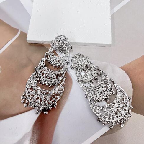 Extra Big Long Tassel Dangling Earring for Women Wedding Statement Crystal Stunning Tiny Flower Beaded Chandelier Gold Plated Earrings Indian Boho Traditional Bride Party Wear Festival Holiday Jewelry Gift in Saudi Arabia