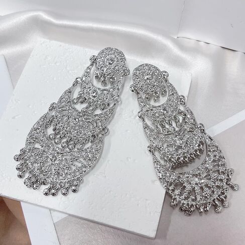 Extra Big Long Tassel Dangling Earring for Women Wedding Statement Crystal Stunning Tiny Flower Beaded Chandelier Gold Plated Earrings Indian Boho Traditional Bride Party Wear Festival Holiday Jewelry Gift in Saudi Arabia