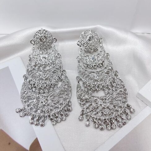 Extra Big Long Tassel Dangling Earring for Women Wedding Statement Crystal Stunning Tiny Flower Beaded Chandelier Gold Plated Earrings Indian Boho Traditional Bride Party Wear Festival Holiday Jewelry Gift in Saudi Arabia