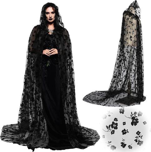 Hercicy Black Lace Flower Cape Full Length Hooded Cloak Gothic Witch Sheer Cape for Halloween Cosplay Vampire Costume Wedding in Saudi Arabia