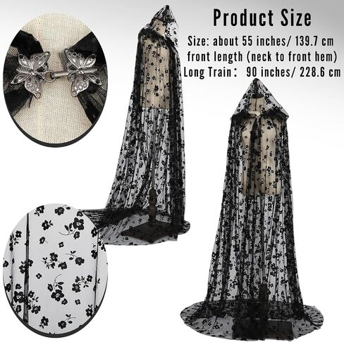 Hercicy Black Lace Flower Cape Full Length Hooded Cloak Gothic Witch Sheer Cape for Halloween Cosplay Vampire Costume Wedding in Saudi Arabia