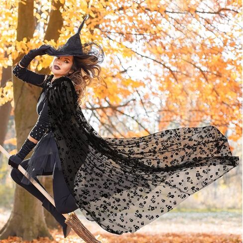 Hercicy Black Lace Flower Cape Full Length Hooded Cloak Gothic Witch Sheer Cape for Halloween Cosplay Vampire Costume Wedding in Saudi Arabia