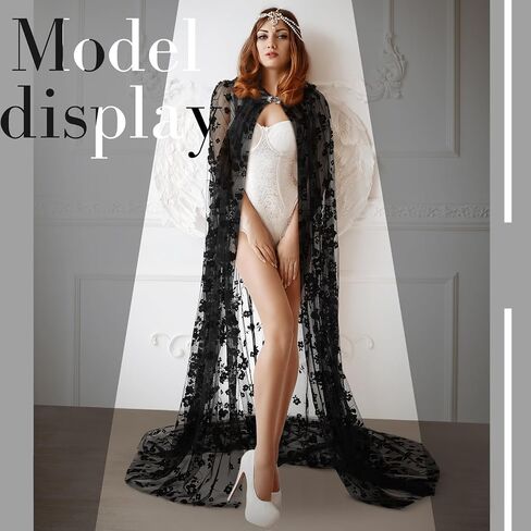 Hercicy Black Lace Flower Cape Full Length Hooded Cloak Gothic Witch Sheer Cape for Halloween Cosplay Vampire Costume Wedding in Saudi Arabia