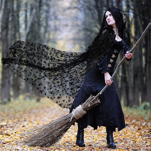 Hercicy Black Lace Flower Cape Full Length Hooded Cloak Gothic Witch Sheer Cape for Halloween Cosplay Vampire Costume Wedding in Saudi Arabia