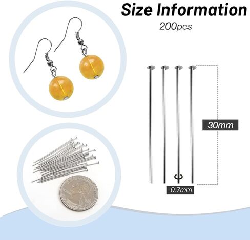 TOAOB 200pcs Stainless Steel Head Pins 50mm Silver Flat Headpins Jewelry Findings for DIY Crafts Necklaces Bracelets Earrings Making in Kuwait