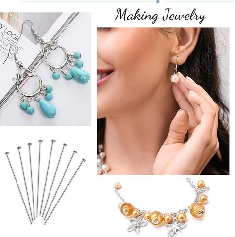 TOAOB 200pcs Stainless Steel Head Pins 50mm Silver Flat Headpins Jewelry Findings for DIY Crafts Necklaces Bracelets Earrings Making in Kuwait