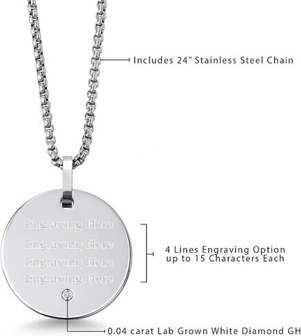 Gem Stone King Custom Free Engraving Shiny Silver Color Tungsten Carbide Solid Polished Disc Pendant Necklace with White Lab Grown Diamond (G-H Color, SI1 Clarity, with 24 Inch Stainless Steel Chain) in Saudi Arabia