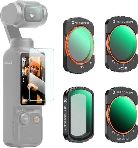 K&F Concept Magnetic Variable ND&UV&CPL Filter Set Compatible with DJI OSMO Pocket 3 Creator Combo, 4 Pack UV CPL ND2-32 ND32-512 1-9Stops Light Reduction Neutral Density HD Optical Glass Filters in Saudi Arabia