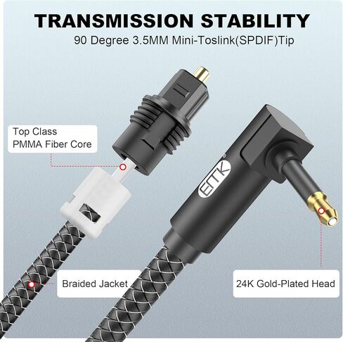 EMK Optical Audio Cable Optical Cable Digital Fiber Optic Toslink Cable for Sound Bar, TV, PS4, Xbox, Home Theater & More (2 Feet/0.6M, Slim Nylon Braided, Black1) in Kuwait