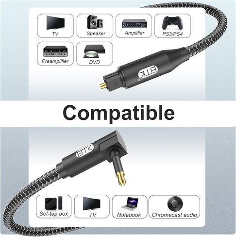 EMK Optical Audio Cable Optical Cable Digital Fiber Optic Toslink Cable for Sound Bar, TV, PS4, Xbox, Home Theater & More (2 Feet/0.6M, Slim Nylon Braided, Black1) in Kuwait