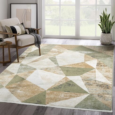 Abani Savoy Collection Area Rug - Green and Cream Geometric Design - 6'x9' - Easy to Clean - Durable for Kids and Pets - Non-Shedding - Medium Pile - Soft Feel - for Living Room, Bedroom, and Office in Saudi Arabia