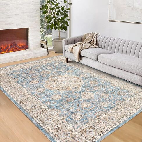 Garveehome 5x7 قابلة للغسل قابلة للغسل سجادة لغرفة المعيشة: آلة معيشة عتيقة قابلة للغسل سجادة مع سجادة غير قابلة للانزلاق منخفضة كومة لغرفة نوم كبيرة مقاومة للبقع غرفة الطعام الأزرق in Kuwait