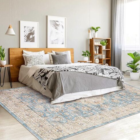 Garveehome 5x7 قابلة للغسل قابلة للغسل سجادة لغرفة المعيشة: آلة معيشة عتيقة قابلة للغسل سجادة مع سجادة غير قابلة للانزلاق منخفضة كومة لغرفة نوم كبيرة مقاومة للبقع غرفة الطعام الأزرق in Kuwait