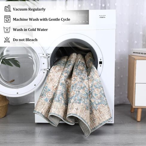 Garveehome 5x7 قابلة للغسل قابلة للغسل سجادة لغرفة المعيشة: آلة معيشة عتيقة قابلة للغسل سجادة مع سجادة غير قابلة للانزلاق منخفضة كومة لغرفة نوم كبيرة مقاومة للبقع غرفة الطعام الأزرق in Kuwait