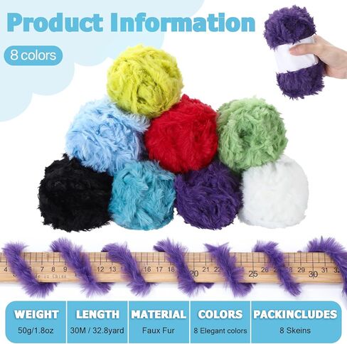 Threlaco 8 Skeins Faux Fur Yarn Super Soft Yarn Chunky Fluffy Yarn Eyelash Yarn for Crochet Knit Total Length 8x30m(8x33yds,50gx8), Multi Colors in Kuwait