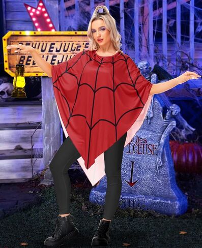 Aobute Halloween Women's Spider Web Cosplay Costume Red SpiderWeb Poncho Cloak in Saudi Arabia