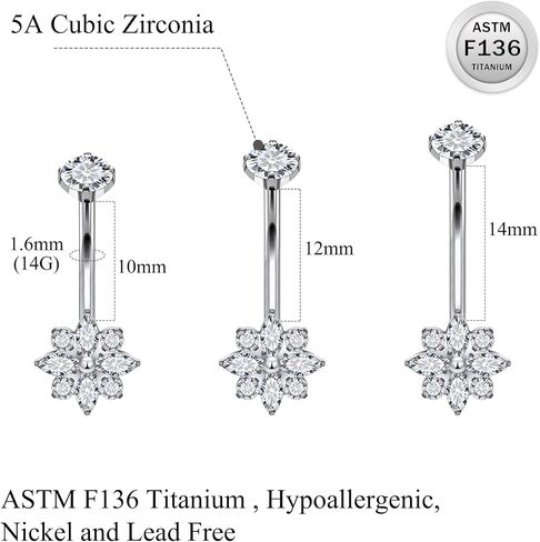 Ruifan ASTM F136 Titanium Belly Button Rings Flower Cubic Zircon Hypoallergenic Internally Threaded 14G Navel Body Piercing Jewelry 10mm 12mm 14mm For Women in Saudi Arabia