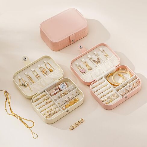 Travel Jewelry Box,Jewelry Travel Case, Small Jewelry Box,2 Layer Travel Jewlery Case, PU Leather Mini Portable Jewerly Storage Display Holder for Earrings, Ring, Necklaces, Bracelets in Saudi Arabia