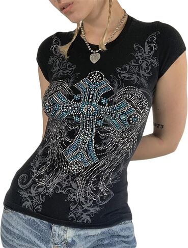 نساء Y2K Rhinestone Cross T-Shirt قميص قصير جولة الرقبة الرجعية عتيقة طباعة نحيف محصول أعلى القوطية الشارع الشارع in Kuwait