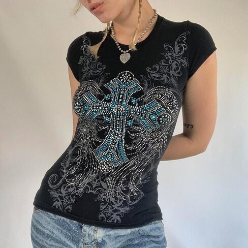 نساء Y2K Rhinestone Cross T-Shirt قميص قصير جولة الرقبة الرجعية عتيقة طباعة نحيف محصول أعلى القوطية الشارع الشارع in Kuwait