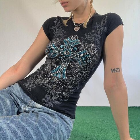 نساء Y2K Rhinestone Cross T-Shirt قميص قصير جولة الرقبة الرجعية عتيقة طباعة نحيف محصول أعلى القوطية الشارع الشارع in Kuwait