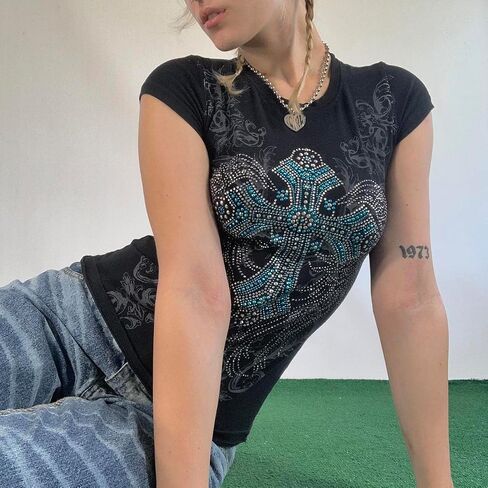 نساء Y2K Rhinestone Cross T-Shirt قميص قصير جولة الرقبة الرجعية عتيقة طباعة نحيف محصول أعلى القوطية الشارع الشارع in Kuwait