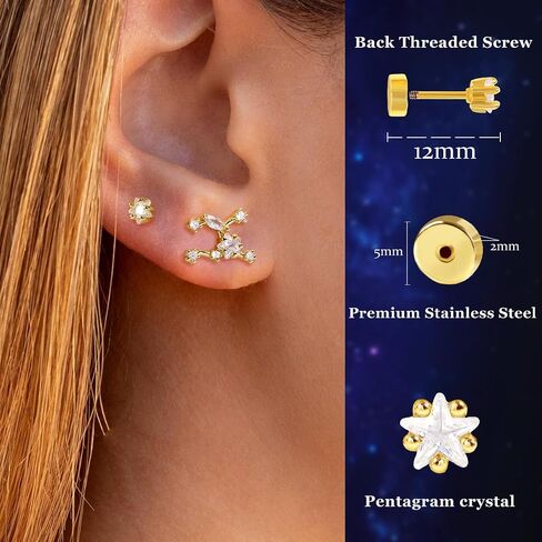 Zodiac Constellation Flat Back Stud Earrings – 14K Gold Plated Surgical Steel Studs with CZ, Dainty Screw Back Earrings for Women, Stainless Steel Flatback Stud Set Inspired Horoscope Jewelry Gifts in Kuwait