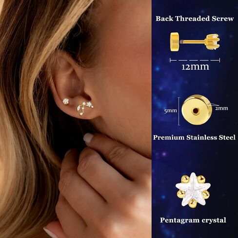 Zodiac Constellation Flat Back Stud Earrings – 14K Gold Plated Surgical Steel Studs with CZ, Dainty Screw Back Earrings for Women, Stainless Steel Flatback Stud Set Inspired Horoscope Jewelry Gifts in Kuwait