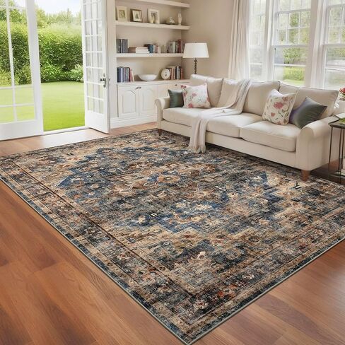 GarveeHome 5x7 Vintage Washable Area Rug for Living Room: Vintage Living Room Machine Washable Area Rug with Non-Slip Backing Low Pile Carpet for Bedroom Large Stain Resistant Dining Room Carpet Blue in Saudi Arabia