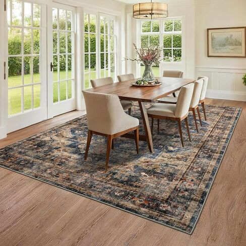GarveeHome 5x7 Vintage Washable Area Rug for Living Room: Vintage Living Room Machine Washable Area Rug with Non-Slip Backing Low Pile Carpet for Bedroom Large Stain Resistant Dining Room Carpet Blue in Saudi Arabia