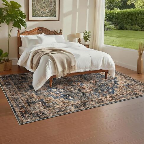 GarveeHome 5x7 Vintage Washable Area Rug for Living Room: Vintage Living Room Machine Washable Area Rug with Non-Slip Backing Low Pile Carpet for Bedroom Large Stain Resistant Dining Room Carpet Blue in Saudi Arabia