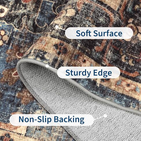 GarveeHome 5x7 Vintage Washable Area Rug for Living Room: Vintage Living Room Machine Washable Area Rug with Non-Slip Backing Low Pile Carpet for Bedroom Large Stain Resistant Dining Room Carpet Blue in Saudi Arabia